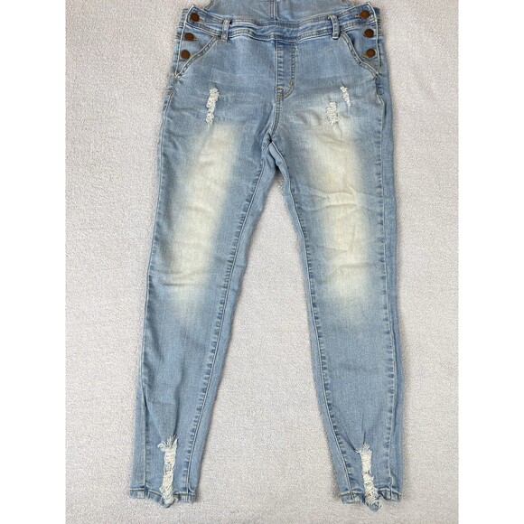 Encore Denim Overalls Juniors Size 8/9 Distressed Blue Stretch - Picture 2 of 16